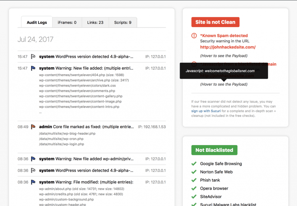 wordpress sucuri scan messages